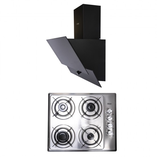 Pachet Plita incorporabila inox (1901) , 60x50x6 cm, Gaz butelie sau gaz natural (duze de schimb incluse), Hota incorporabila decorativa , 63 cm (1888) / SET 30036
