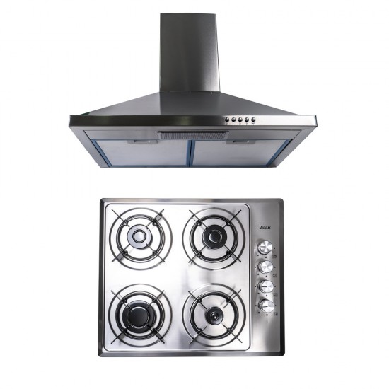 Pachet Plita incorporabila inox (1901) , 60x50x6 cm, Gaz butelie sau gaz natural (duze de schimb incluse), Hota incorporabila decorativa inox, 63 cm (1925) / SET 30040