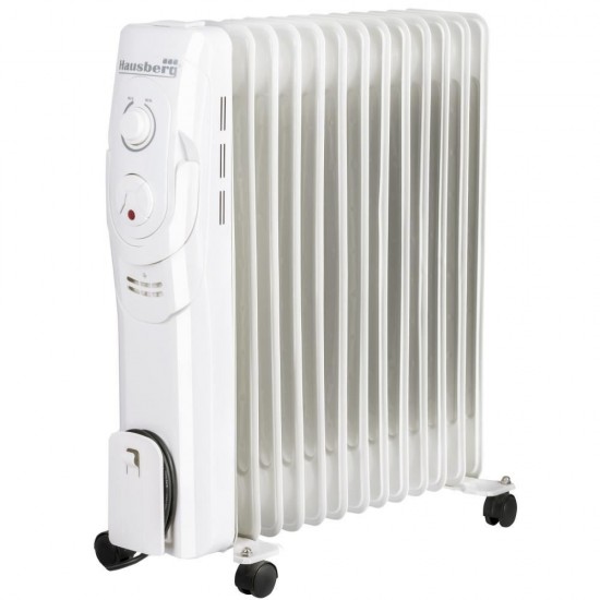 Calorifer electric Hausberg HB-8930AB, 2500 W, 13 elementi, 3 nivele de putere, termostat reglabil, Alb