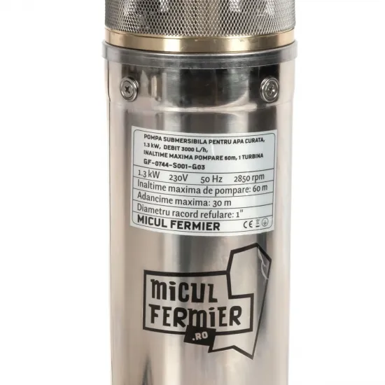 Pompa submersibila Micul Fermier, 1.3 kW, debit maxim 3000 l/h, inaltime maxima de pompare 60m, 1 turbina