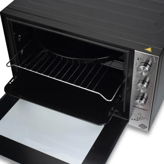 Cuptor Electric HAUSBERG HB-8022, 2500W, Capacitate 70L, Termostat reglabil, Temporizator mecanic cu alarma sonora si oprire automata, Negru/Inox