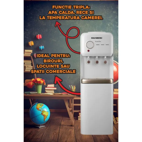 Dozator apa de podea cu compresor HAUSBERG HB-6028AB, Putere incalzire 550W, Putere racire 120W, compatibil cu bidoane de apa 11 l si 19 l, Culoare Alb
