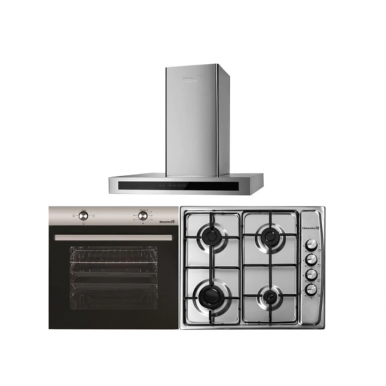 Pachet Cuptor Incorporabil Hausberg HB-8051IN, Electric, 76 l, 4 Functii, Clasa A + Plita Incorporabila Hausberg HB-555, 4 arzatoare, Gaz, Inox + Hota incorporabila decorativa Hausberg HB-1260, 400 m3/h, 1 motor, 60 cm, Inox