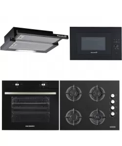 Pachet incorporabil HAUSBERG HB-8051NG, Electric, 2000 W, 76 l, 4 Functii, Clasa A, Plita HB-567NG, Gaz, 4 arzatoare, siguranta, fonta, Sticla, Hota telescopica HB-1285NG, 420 m3/h, 2 motoare, 60 cm, microunde HB-8070NG, 