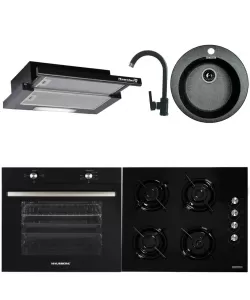 Pachet Incorporabil Hausberg Cuptor electric HB-8051NG, Clasa A, 76L, 2000W, Plita HB-563NG, 4 arzatoare, Gaz, Sticla, Hota telescopica HB-1285NG, absorbtie 420 m3/h, 2 motoare, Chiuveta bucatarie HB-9500NG, compozit granit, Baterie HB-F5000, Negru
