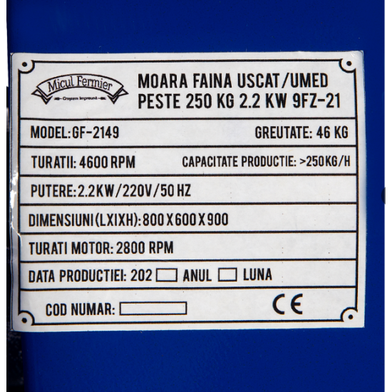 Moara faina Micul Fermier uscat/umed peste 250kg 2.2KW 9FZ-21