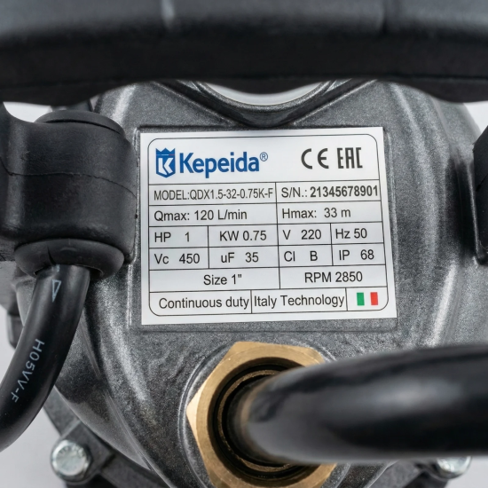 Pompa submersibila apa curata KEPEIDA KEPEIDA QDX1.5-32-0.75K-F, 0.75 kW, debit max 7.2 mc/h, inaltime maxima refulare 33 metri, bobinaj 100% cupru, tehnologie si design italian