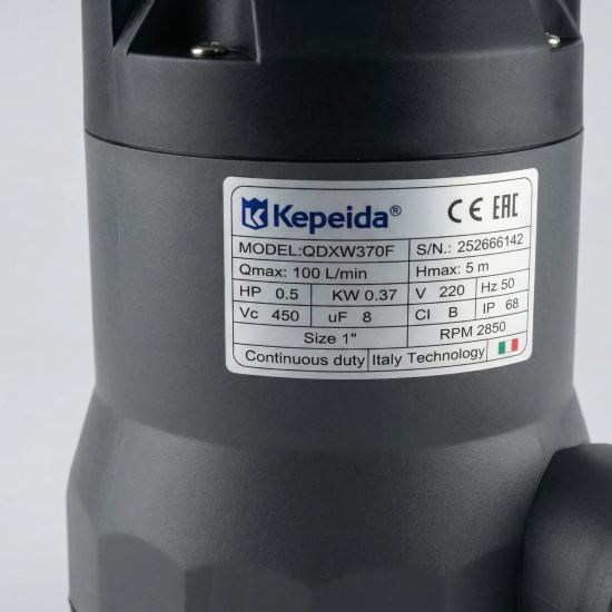 Pompa submersibila apa murdara KEPEIDA QDXW370F, 0.37 kW, debit max 100 L/min, inaltime maxima refulare 5 metri, bobinaj 100% cupru, tehnologie si design italian