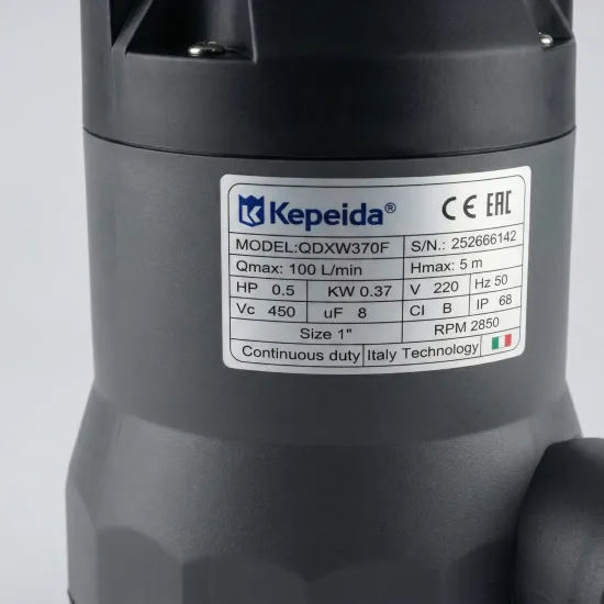 Pompa submersibila apa murdara KEPEIDA QDXW370F, 0.37 kW, debit max 100 L/min, inaltime maxima refulare 5 metri, bobinaj 100% cupru, tehnologie si design italian