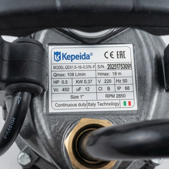 Pompa submersibila apa curata KEPEIDA QDX1.5-16-0.37K-F, 0.37 kW, debit max 6.5 mc/h, inaltime maxima refulare 18 metri, bobinaj 100% cupru, tehnologie si design italian