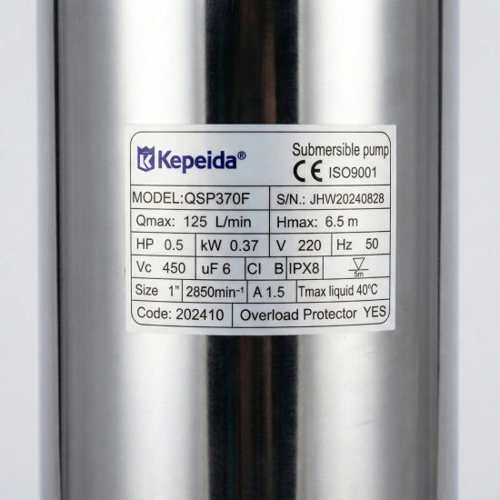 Pompa submersibila apa curata KEPEIDA QSP370F, 0.37 kW, debit max 125 Litri/minut, inaltime maxima 6.5 metri, bobinaj 100% cupru, otel inoxidabil, tehnologie si design italian