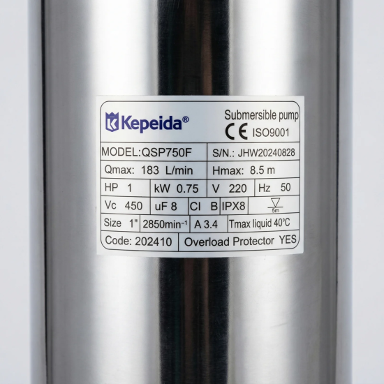 Pompa submersibila apa curata KEPEIDA QSP750F, 0.75 kW, debit max 185 Litri/minut, inaltime maxima 10 metri, bobinaj 100% cupru, otel inoxidabil, tehnologie si design italian