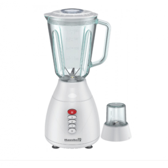 Blender 2 in 1 cu bol de sticla Hausberg HB-7761AB lama din otel inoxidabil, capacitate 1,5L, Alb