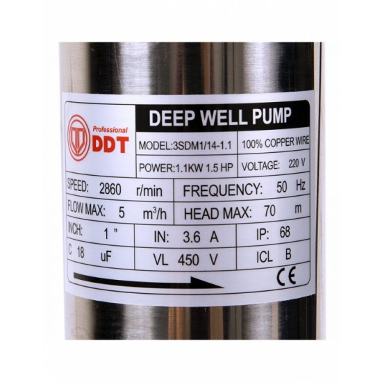 Pompa submersibila inox DDT Profesional 3SDM3/14, 75 mm diametru, 14 turbine, 1100 W, 5 MC/H