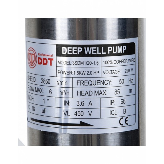 Pompa submersibila inox DDT Profesional 3SDM3/20, 75 mm diametru, 20 turbine, 1500 W, 6 MC/H