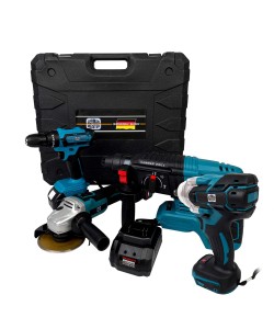 Trusa German Meister Autofiletanta + Flex + Rotopercutor + Masina cu Impact, cu 2 Acumulatori, 128V, 8Ah, Albastru