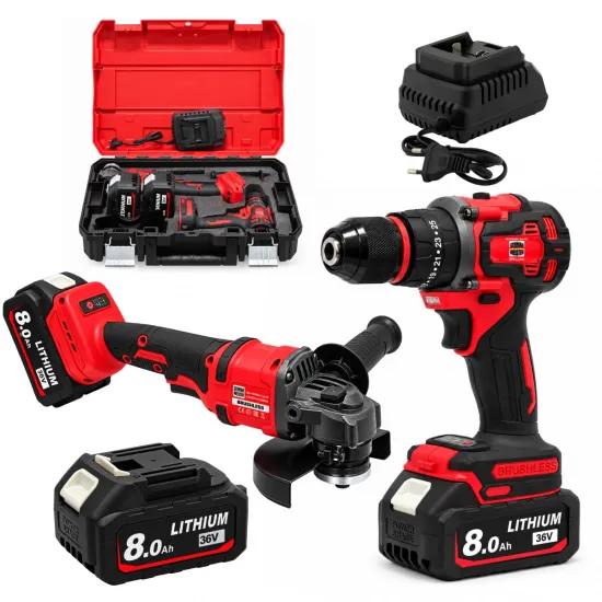 Set Scule cu Acumulator German Meister 36V, Brushless – Bormașină + Polizor Unghiular 125 mm, 2 Acumulatori 8Ah, Încărcător