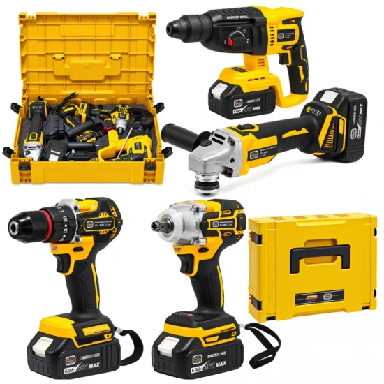 Trusa Scule cu Acumulator German Meister 36V MAX 6Ah – Autofiletantă, Cheie Impact 380Nm, Rotopercutor SDS-Plus 26mm și Polizor Unghiular 125mm, 2 acumulatori