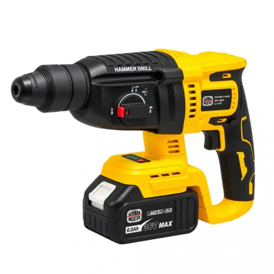 Trusa Scule cu Acumulator German Meister 36V MAX 6Ah – Autofiletantă, Cheie Impact 380Nm, Rotopercutor SDS-Plus 26mm și Polizor Unghiular 125mm, 2 acumulatori