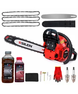 PACHET Drujba benzina SILEN 3.5CP + 3 lanturi + 1 lama + x1 ulei ungere 1L, x1 ulei ameste 0.5l + accesorii + manusi protectie + 2 bujii