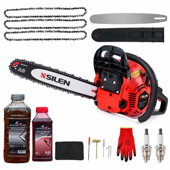 PACHET Drujba benzina SILEN 3.5CP + 3 lanturi + 1 lama + x1 ulei ungere 1L, x1 ulei ameste 0.5l + accesorii + manusi protectie + 2 bujii