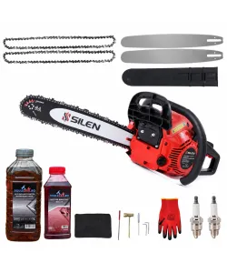 PACHET Drujba benzina SILEN 3.5CP + 3 lanturi + 2 lama + x1 ulei ungere 1L, x1 ulei ameste 0.5l + accesorii + manusi protectie + 2 bujii