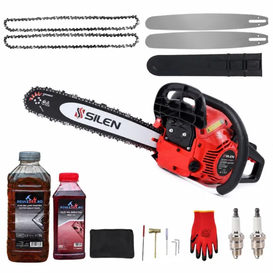 PACHET Drujba benzina SILEN 3.5CP + 3 lanturi + 2 lama + x1 ulei ungere 1L, x1 ulei ameste 0.5l + accesorii + manusi protectie + 2 bujii