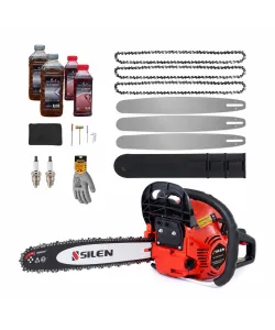 Pachet Drujba benzina SILEN 3.5cp + 3 lanturi + 3 lame + x2 ulei ungere lant 1L + x2 ulei amestec 0.5L + x2 bujii + accesorii + manusi protectie