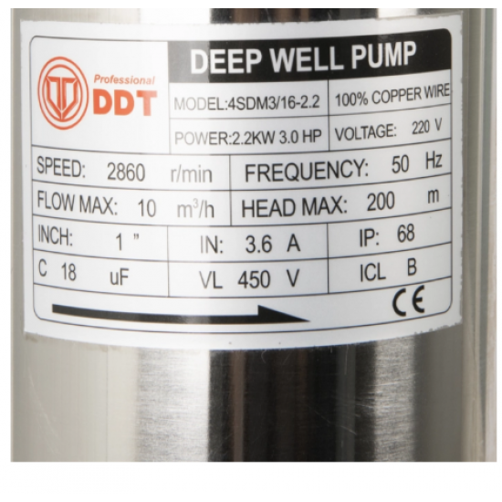 Pompa submersibila de mare adancime, DDT, 4SDM3-16, 2200 W, 16 turbine, 10 m³/h Inox, 30 m cablu