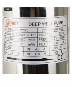 Pompa submersibila de mare adancime, DDT, 4SDM-20, 2200 W, Inox, 20 turbine, 10 mc/h Pompa submersibila de mare adancime, DDT, 4SDM-20, 2200 W, Inox, 20 turbine, 10 mc/h