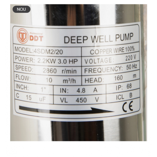 Pompa submersibila de mare adancime, DDT, 4SDM-20, 2200 W, Inox, 20 turbine, 10 mc/h