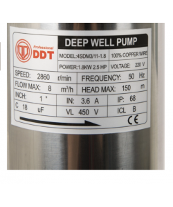 Pompa submersibila de mare adancime, DDT, 4SDM3-11, 1800 W, 8 m³/h, 11 turbine, Inox, 30 m cablu