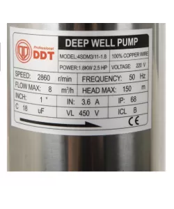 Pompa submersibila de mare adancime, DDT, 4SDM3-11, 1800 W, 8 m³/h, 11 turbine, Inox, 30 m cablu Pompa submersibila de mare adancime, DDT, 4SDM3-11, 1800 W, 8 m³/h, 11 turbine, Inox, 30 m cablu