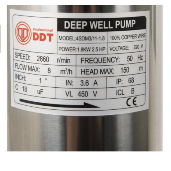 Pompa submersibila de mare adancime, DDT, 4SDM3-11, 1800 W, 8 m³/h, 11 turbine, Inox, 30 m cablu
