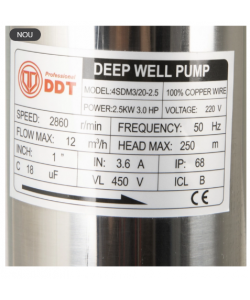 Pompa submersibila de mare adancime, DDT, 4SDM3-20, 2500 W, 20 turbine, 12 m³/h Inox, 30 m cablu