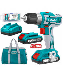 TOTAL - Masina de gaurit cu acumulator 20V-2.0Ah Li-Ion (2 acumulatori + 47 accesorii) (INDUSTRIAL)