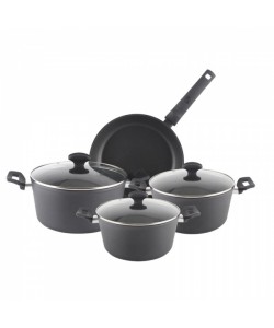 Set oale aluminiu 7 piese Zilan ZLN-3277, Strat interior neaderent, Manere ebonita, Capace sticla termorezistenta