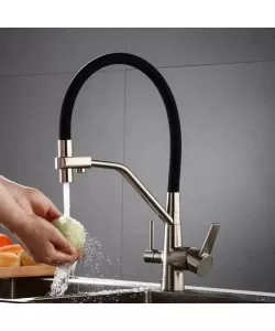 Baterie Bucatarie cu 3 Cai Pipa Flexibila Alama Sanitara Argintiu Negru