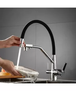 Baterie Bucatarie cu 3 Cai Pipa Flexibila Alama Sanitara Argintiu Negru