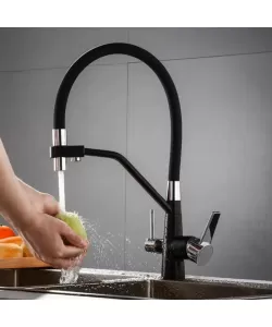 Baterie Bucatarie cu 3 Cai Pipa Flexibila Alama Sanitara Negru