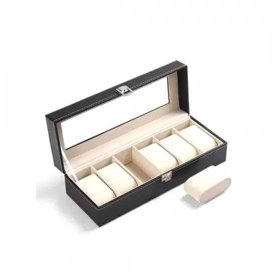 Cutie pentru Depozitare, 6 Ceasuri, Negru, Piele Cutie pentru Depozitare, 6 Ceasuri, Negru, Piele