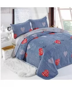 Cuvertura Albastra cu Inimioare pentru Pat Dublu, 3 Piese, Poliester, C02/F009 Cuvertura Albastra cu Inimioare pentru Pat Dublu, 3 Piese, Poliester, C02/F009