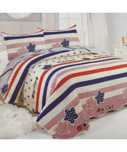 Cuvertura cu Linii Multicolore si Stelute pentru Pat Dublu, 3 Piese, Poliester, C01/11 Cuvertura cu Linii Multicolore si Stelute pentru Pat Dublu, 3 Piese, Poliester, C01/11