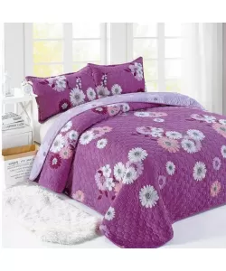 Cuvertura Mov cu Flori de Primavara pentru Pat Dublu, 3 Piese, Poliester, C02/F012 Cuvertura Mov cu Flori de Primavara pentru Pat Dublu, 3 Piese, Poliester, C02/F012