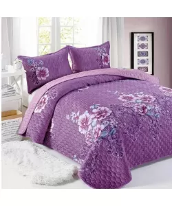Cuvertura Mov cu Flori pentru Pat Dublu, 3 Piese, Poliester, C02/F015 Cuvertura Mov cu Flori pentru Pat Dublu, 3 Piese, Poliester, C02/F015