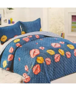 Cuvertura pentru Pat Dublu, Poliester, Albastru cu Maci si Flori Galbene, 3 Piese, C02/F018 Cuvertura pentru Pat Dublu, Poliester, Albastru cu Maci si Flori Galbene, 3 Piese, C02/F018