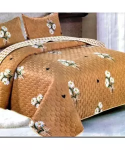 Cuvertura Portocalie cu Flori pentru Pat Dublu, Poliester, 3 Piese, C02/F003 Cuvertura Portocalie cu Flori pentru Pat Dublu, Poliester, 3 Piese, C02/F003