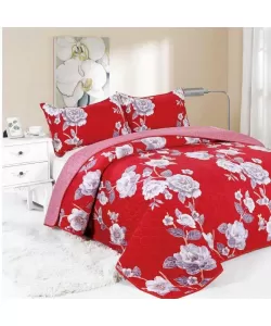 Cuvertura Rosie cu Flori Alb-Argintii pentru Pat Dublu, 3 Piese, Poliester, C02/F028 Cuvertura Rosie cu Flori Alb-Argintii pentru Pat Dublu, 3 Piese, Poliester, C02/F028