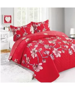 Cuvertura Rosie cu Flori de Primavara pentru Pat Dublu, 3 Piese, Poliester, C02/F020 Cuvertura Rosie cu Flori de Primavara pentru Pat Dublu, 3 Piese, Poliester, C02/F020