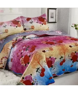 Cuvertura cu Trandafiri si Cirese pentru Pat Dublu, 3 Piese, Poliester, C01/38 Cuvertura cu Trandafiri si Cirese pentru Pat Dublu, 3 Piese, Poliester, C01/38
